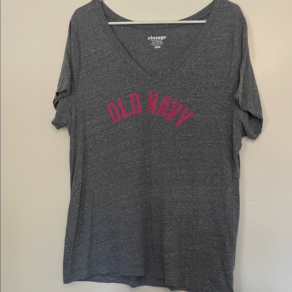 3/$15. Old Navy Charcoal Gray V-Neck Tee with Pink Logo